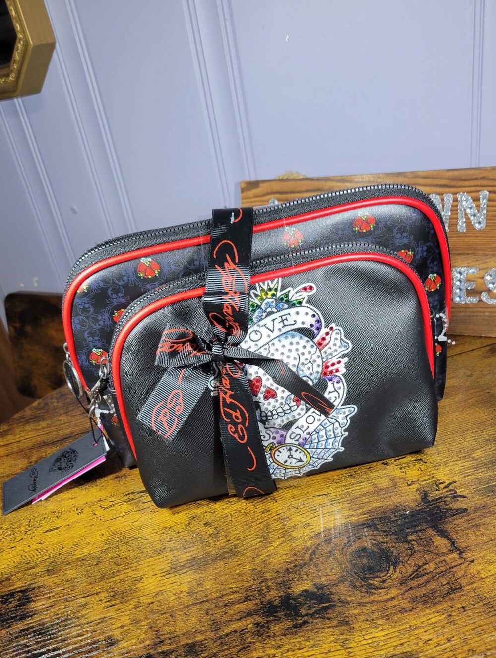 Ed Hardy black skull-Sequin 2 pack Cosmetic Pouch